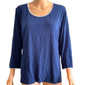 Susan Graver Navy White Trimming Jersey Long Sleeve Top LARGE